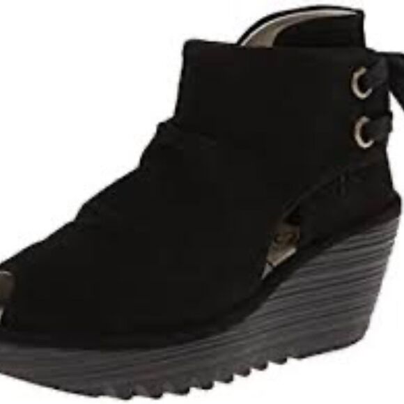 Fly London Yema Distressed Suede Wedge Back Lace Peep Toe Booties Sz 38/US 7.5-8 - Picture 1 of 8
